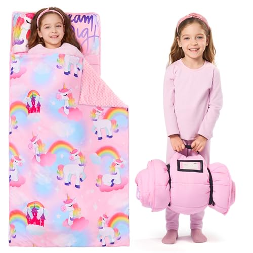 Image of JOIEDOMI Toddler Sleeping Bag for Kids 55''x30'' Nap Mat with Removable Pillow and Minky Blanket for Toddler Ages 3-7 Roll Up Soft Kids Sleeping Bag for Boys Girls Kindergarten Daycare Sleepover