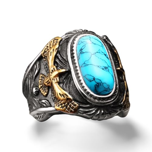 Bague turquoise pour homme et femme style aigle doré taille 7