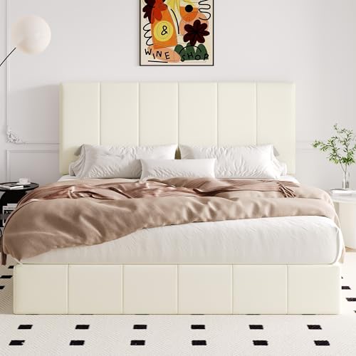 Image of Allewie King Size Velvet Lift Up Hydrualic Storage Bed Frame, Cream