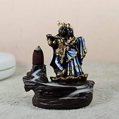 Image of CRAFTAM Polyresin Smoke Backflow Fountain Like Waterfall Radha Krishna Incense Holder Decorative Showpiece Gift with Free 10 Scented Cone Incenses (Blue)