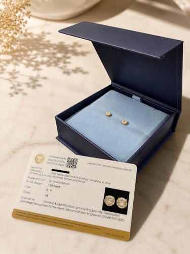 Image of IGI Certified 1 Carat Lab Grown Diamond Stud Earrings for Women | E-F Color VS Clarity | 14K Gold 4-Prong Push Back | Round Brilliant Cut Solitaire Studs | Luxury Gift Box Included