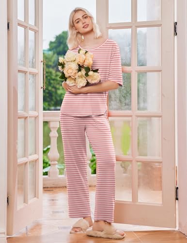 Image of Ekouaer 2 Pack Womens Pajamas Sets Short Sleeve Long Pants Pjs Lounge Set