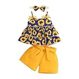 Toddler Girls Sleeveless Floral Outfits Ruffle Bowknot Tank Tops Shorts Headband Cute Stylish (Blue, 9-12 Months)