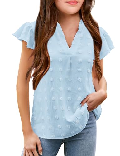 Girls Shirts Short Sleeve Chiffon Shirts Swiss Dot Blouses Top Teen Girls V-Neck Tunics Tee Size 9-14 Years2