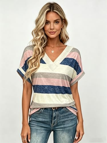 Image of T Shirts Short Sleeve V Neck Tees Womens Tops Beach Vacation Fashion Clothes 2026 Casual Summer Spring Fall Outfits