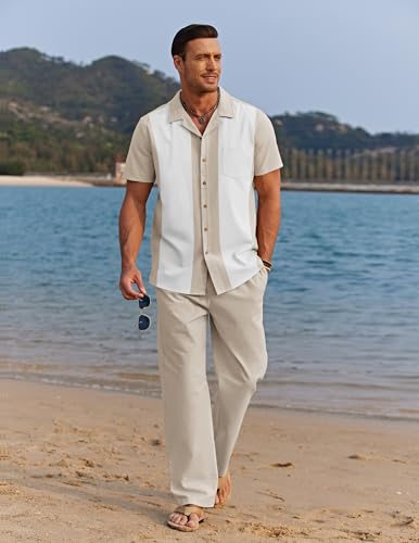 COOFANDY Men 2 Piece Linen Outfit Beach Button Down Shirt Casual Loose Pant Sets2