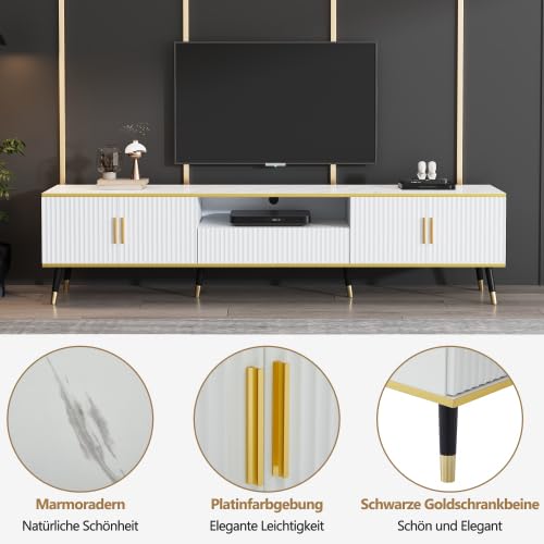 Merax Mueble de TV de 200 cm – Mueble bajo blanco con aspecto de mármol con detalles dorados, 1 cajón, 2 puertas, organizador de cables, para televisores de hasta 90 pulgadas – Mueble moderno para