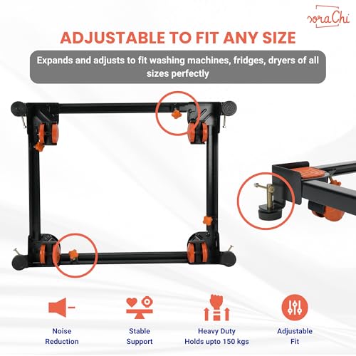 Image of SoraChi Adjustable Iron Washing Machine Stand with Wheels | Elevates Appliances to Prevent Water Damage & Reduce Vibrations | Universal Fit for Washers & Refrigerators (Black Orange)