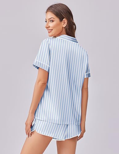 Image of Ekouaer Womens Silk Satin Pajama Set Print Short Sleeve Sleepwear Button Down Pjs Shorts Set Loungewear