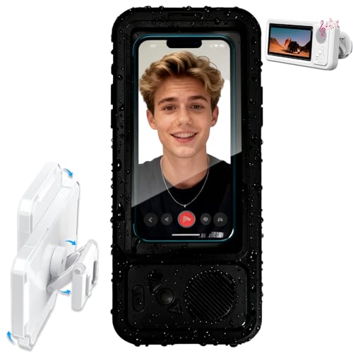 Yrcasu Shower Phone Holder with Wireless Bluetooth Speaker, Waterproof Whower Phone Holder Waterproof 480° Rotatable Wall Mount with Screen Touch & Anti-Fog Case (Black)
