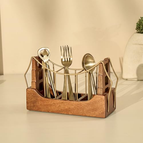 Image of Brick Brown Premium Golden Gate Cutlery Holder | Spoon Stand for Kitchen & Dining Table | Cutlery Stand & Tabletop Cutlery Box | Spoon Holder Caddy with 3 Section Wood & Metal (10.2x3.6x6 inch)