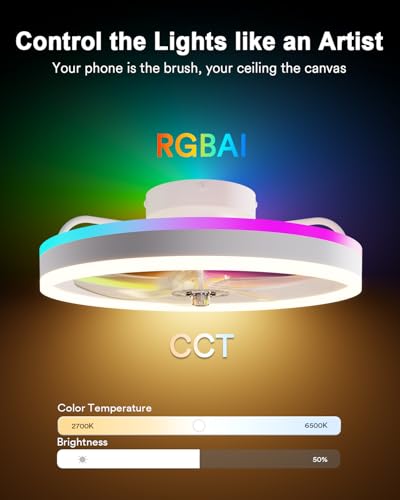 Image of Lumary Smart WiFi Ceiling Fans with Lights, Low Profile Flush Mount White