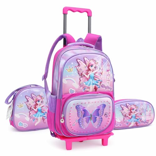Kit Mochila Escolar Infantil com Rodinhas 3 em 1 para Menina – Mochila + Lancheira + Estojo – Mochila de Rodinha Feminina Infantil - Sereia, Unicórnio e Fada (Fada)
