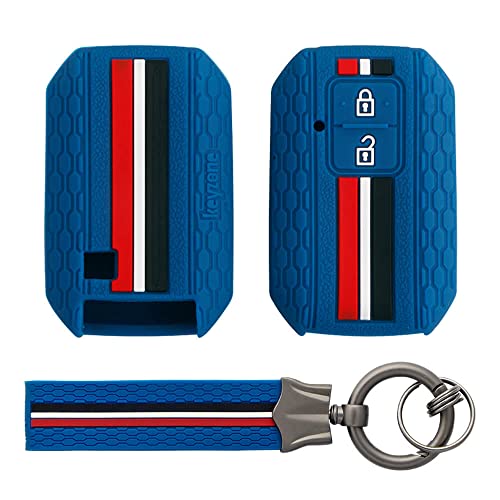 Keyzone® Striped Silicone Key Cover Compatible for Suzuki Baleno, Grand Vitara, XL6, Swift, Ertiga, New Brezza 2022, Dzire (2 Button Smart Key, Blue with Blue Striped Keychain)