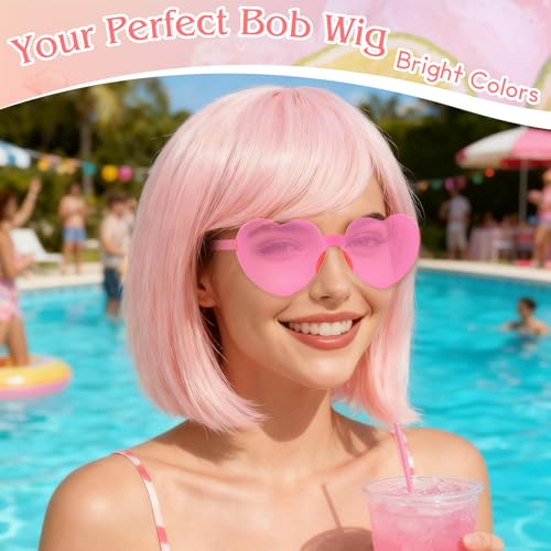 Image of PLULON Pink Bob Wig with Heart Sunglasses for Women Men, Colorful Short Funny Bob Wigs with Bangs Black Hair Cap Colored Cosplay Hairpieces for Christmas Halloween Costume Neon Bachelorette Party