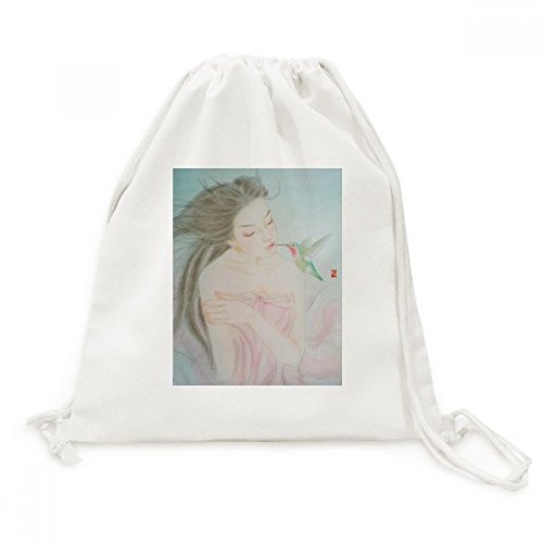 Toile de qualité supérieure pour ce sac cordon style chinois aux motifs d'oiseaux aquarelle