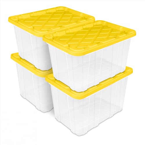 Image of Storage Tote 27 Gallon Clear Industrial Bin with Lid 4 Pack.