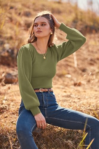 Image of MASCOMODA Womens Puff Long Sleeve Ribbed Sweater Bodysuits | Fall Winter Outfits 2026, Crewneck Knitted Bodysuit Dressy Casual, Cute Slim Fit Pullover Tops, Work, Date, Dress Up & Down