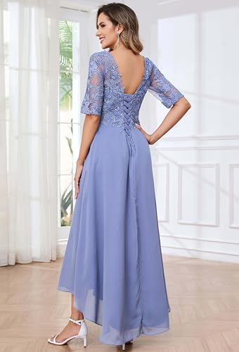 Women's Tea Length Mother of Bride Dresses for Wedding with Sleeves Lace Appliques Pleated Formal Evening Gowns2