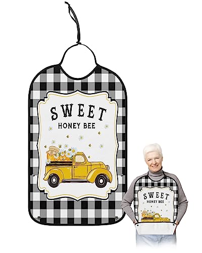 Summer Truck Adult Bibs for Eating, Waterproof Bibs with Food Catcher & Adjustable Snap Closure, Rustic Sweet Bee Black White Plaid Washable Clothing Protectors Adult Bibs for Elderly Women/Men