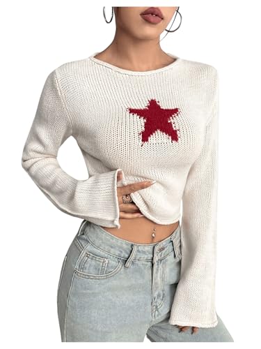 Image of SOLY HUX Women's Y2K Fairy Grunge Jumper Sweater Graphic Long Sleeve Pullover Vintage Knitted Crop Top Apricot Star Medium