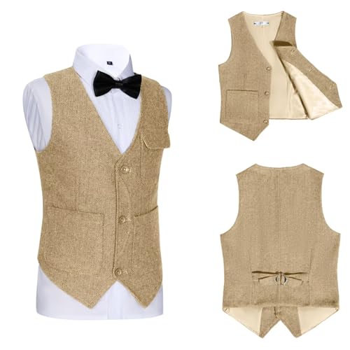 Image of Retro Boys Tweed Vest for Kids Formal Dress Herringbone Suit Vest for Toddler Boy Wedding Waistcoat