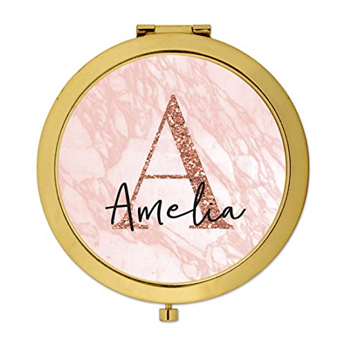 Andaz Press Personalized Name Rose Gold Compact Mirror Bridesmaid's Gift Monogram Initial Letter, Blush Pink Marble Rose Gold Faux Glitter Personalized Compact Mirror Monogrammed Mirror 1-Pack