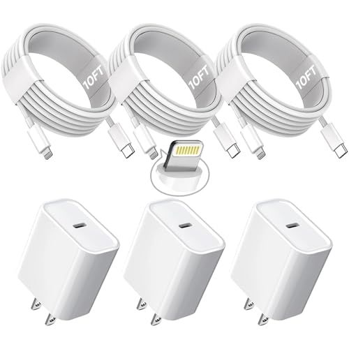 10FT iPhone Fast Charger,3Pack Extra Long[Apple MFi Certified]iPhone Charger Fast Charging Quick 10Foot USB C to Lightning Cable Cord Adapter Block for iPhone 14 Pro Max/14 Plus/13/12Mini/11/XS/X/iPad