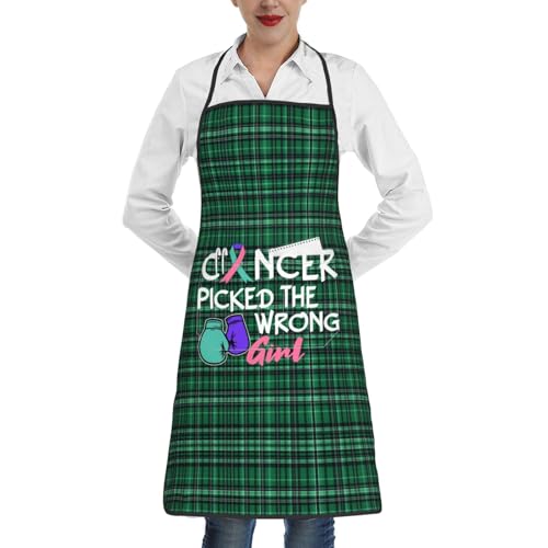 nopicsn Cancer Picked The Wrong Girl Thyroid Cancer Apron for cooking with Pockets Women Men Kitchen Chef Funny Aprons