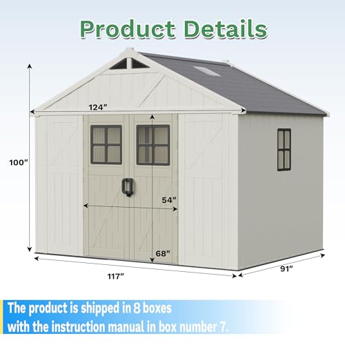 Image of Greesum 10X8FT Plastic Outdoor Storage Shed with Floor and Lockable Door, Resin Sheds with 4-Windows and Multiple Skylights, HDPE Kick-it Shed for Garden, Patio, Backyard, Beige