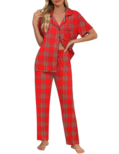 Image of Senert Womens 2 Piece Pajamas Set Button Down Top and Pants Soft Sleepwear | Short Sleeve Lounge Sets with Pockets, Maternity / Nursing /Postpartum Pjs Set, Bride Pjs Set for All Seasons