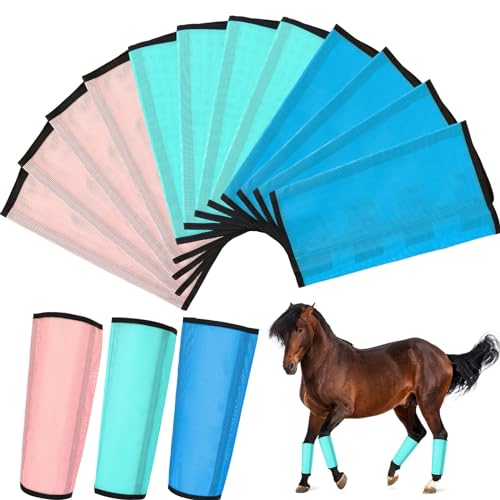 Bulyoou Set of 12 Mesh Fly Boots - Breathable, Protective Horse Leg Loose Wraps - Prevents Flies & Mosquitoes Bites (Blue, Light Pink, Light Green)