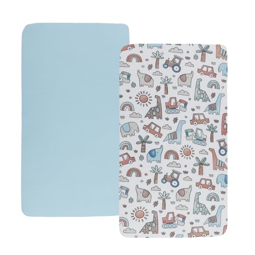 Image of Stretchy Fitted Crib Sheets Set 2 Pack Portable Crib Mattress Topper for Baby Girl Boy,Ultra Soft Jersey Material, Light Blue & Car