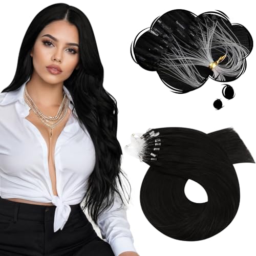 Image of Moresoo Micro Bead Hair Extensions Real Human Hair, Off Black, 20 Inch | 50g 50 strands, no heat no glue, long straight hair, deep black dimension, added length, wedding guest, special occasions
