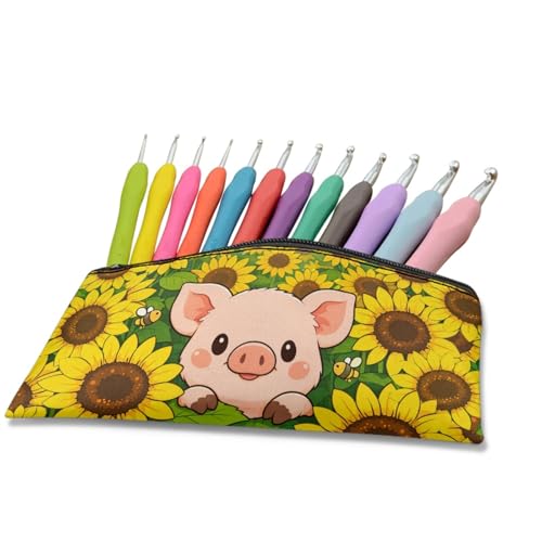 Image of Sunflower Pig Pencil Case Cute Pencil Pouch with Zipper Simple Design Pen Organizer for Toddlers Girls Cute Crayon Pouch for Painting Lesson