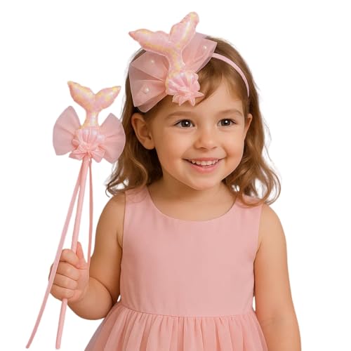 Image of Wanna Party Iridiscent Mermaid Wand and Headband, Girls Princess Mermaid Dress up Accessories for Girls Ariel Crown Headband & Wand for Kids Dress up,Halloween Christmas Party Favors for Kids