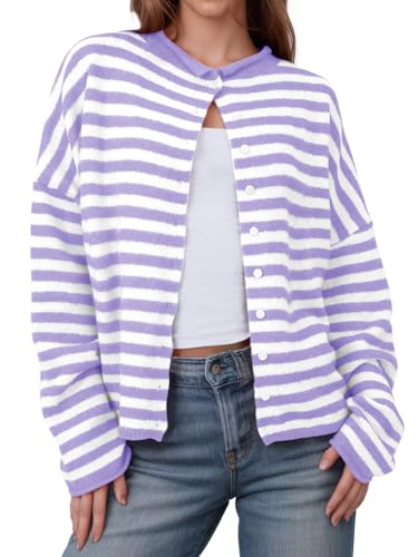 Image of Saodimallsu Womens Striped Cardigan Casual Long Sleeve Open Front Button Down Loose Knit Lightweight Fall Sweaters