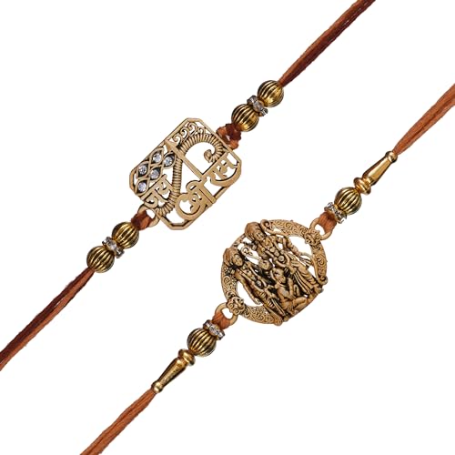 Image of eCraftIndia Set of 2 Green & Golden Shri Krishna and Radha Krishna Playing Flute Designer Religious Rakhis | Roli Chawal Pack | Rakhi for Brother