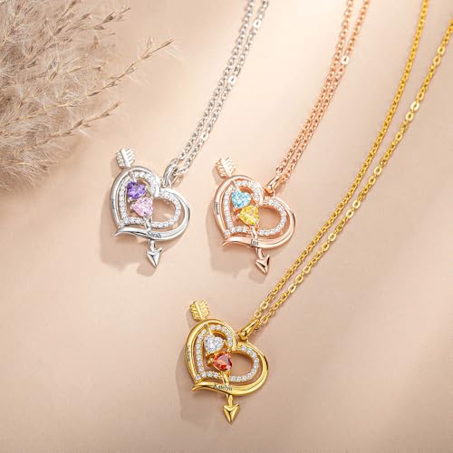 callie Personalized Heart Arrow 925 Sterling Silver Necklace for Women, Custom 2 Birthstones & Names Pendant, Birthday Valentine's Day Anniversary Jewelry Gift for Her2
