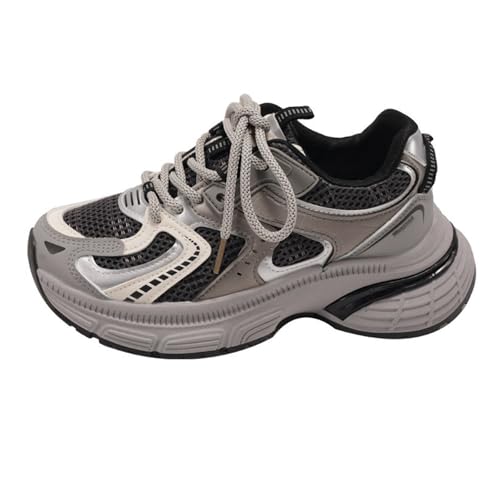 Zapatillas Informales para Mujer: Zapatillas de Deporte Gruesas y Ultra Suaves, Zapatillas de Deporte de Malla Transpirable con un Elegante diseño con Cordones para Mayor Moda y Comodidad,Grey-38