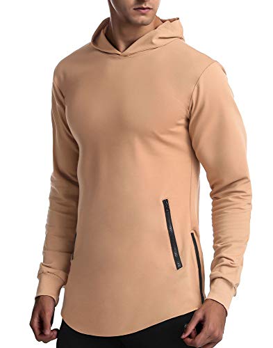 Men's Gym Workout Long Sleeve Hoodies Training Pullover Casual Hooded Sweatshirt Beige