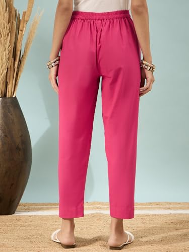 Image of D K W Women's Mid Rise Relaxed Fit Cotton Flex Trousers with Elastic Back & Drawstring - Ideal for Winter, Formal, Office & Casual Wear, Comfortable for Girls and Women