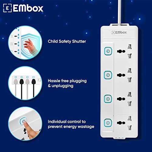 EMBOX 10A Extension Board with Individual Switch 4 Sockets-Spike Guard with 3 Meter Cable-Power Strip Extension Cord with Safety Shutter and... - Image 4