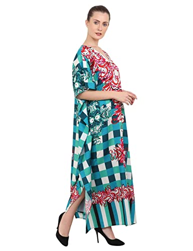 Image of Miss Lavish London Teal Check Print Kaftan Dress for Women V Neck Batwing Sleeve Maxi Beach Cover Up, Plus Size Caftan with Side Slits & Pockets, Resort Wear Swimsuit Coverup-Teal-L