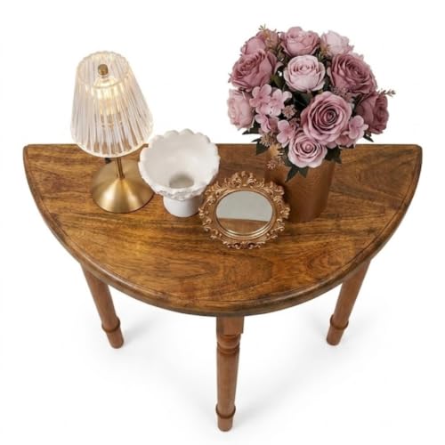 Image of Half Moon Console Table with Storage | Narrow Wooden Entryway Accent Table | Solid Semi-Circle Design for Living Room, Hallway, Foyer, Entrance Dark Teak Finish Small Size (70cm /27.5in)