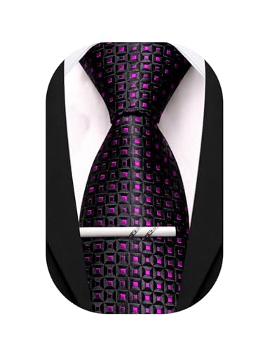 Image of Barry.Wang Plaid Ties Mens Silk Necktie and Tie Clip Checkered Tie for Wedding Party Business Formal