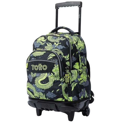 TOTTO - Mochila Escolar con Ruedas, Modelo Renglones, Capacidad 26,21 Litros, Bolsillo para PC 14" y Bolsillo para Botella, Correas en S para Mayor Comodidad, Resistente, Estampado Dragony