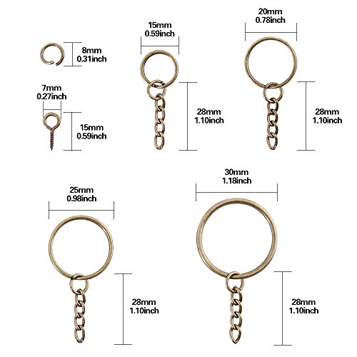 Swpeet 300Pcs Bronze Key Chain Rings Kit, 100Pcs Keychain Rings with Chain and 100Pcs Jump Ring with 100Pcs Screw Eye Pins Bulk for Jewelry Findings Making - 3/5 Inch, 4/5 Inch, 1 Inch, 6/5 Inch