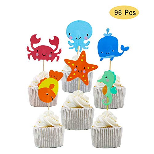 NEPAK 96 Pcs Océan Mer Animal Cupcake Toppers,Gâteau Topper pour sous Le thème de la mer Party,Gaming Party Supplies gâteau d'anniversaire, décoration de gâteau de fête d'anniversaire
