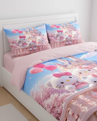 Image of 7D Flat Bedsheet 400TC Sheet Set, Kids Design bedsheet, Floral Design, Decorative Bedding with Daisy Pattern, Kids Room Decor, 90X100 Inch (Pink House)